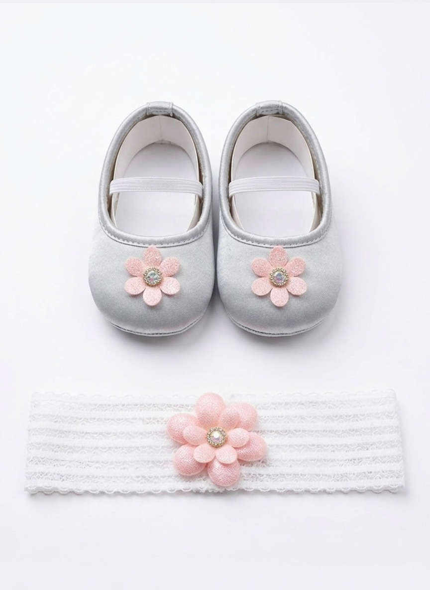 Grey Party Frock with Hairband & Shoes (0–6 Months)
