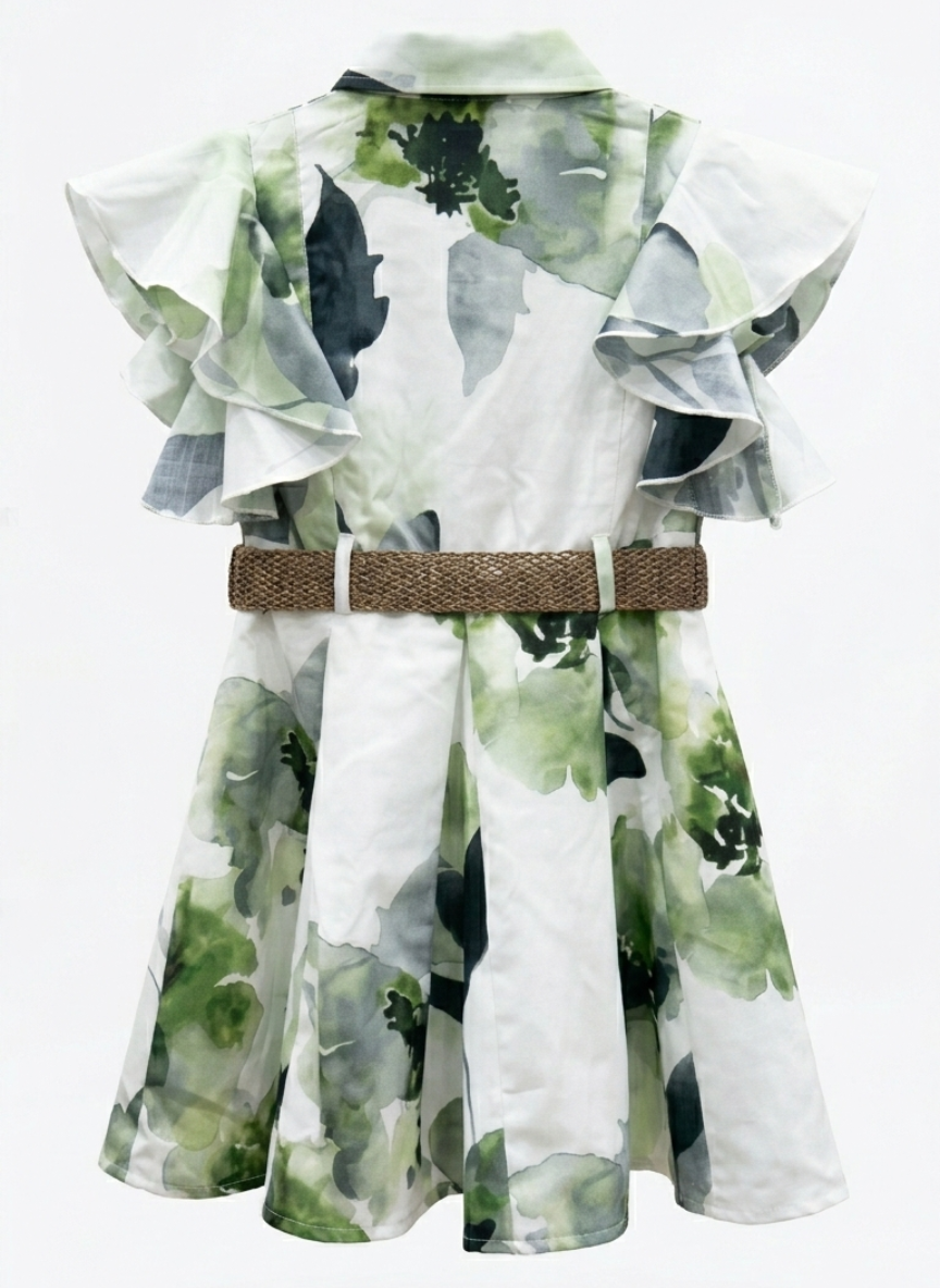 Green Floral Belt Dress (1-4 Years)