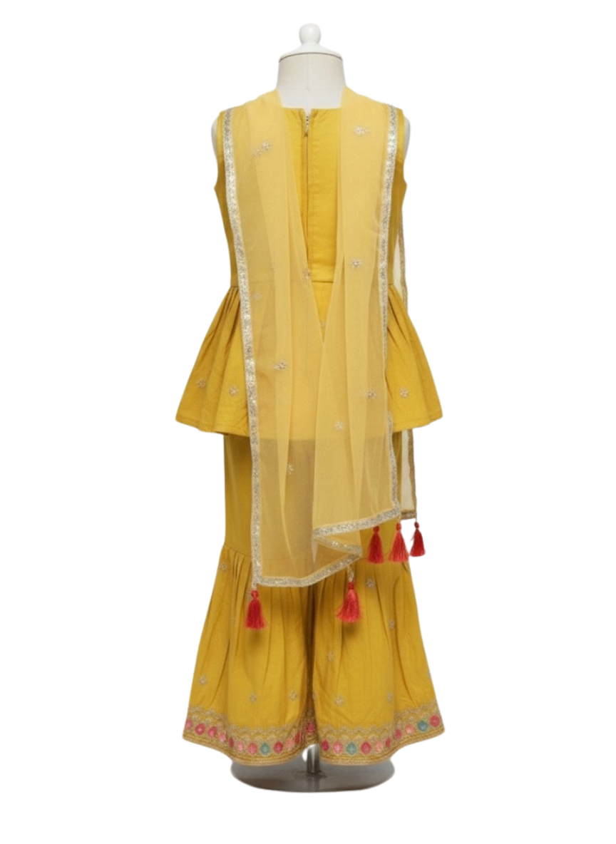 Girls Yellow Embroidered Ethnic Suit Set (Georgette)