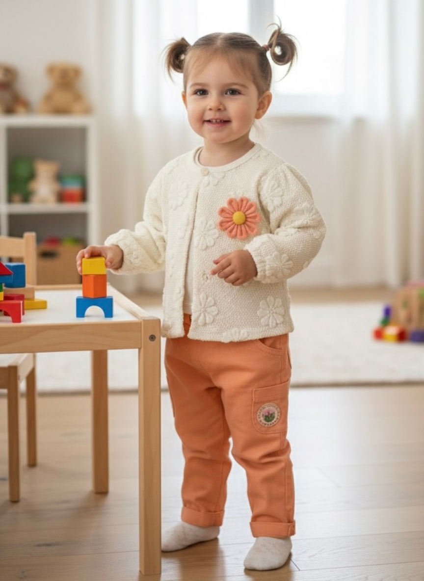 Baby Girl Floral Cardigan & Cargo Pants Set (0–1 Year)