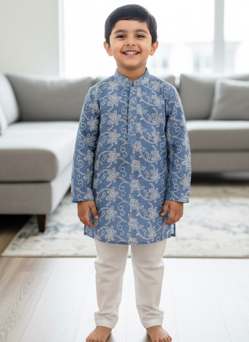 Boys Blue Embroidered Kurta Pajama Set