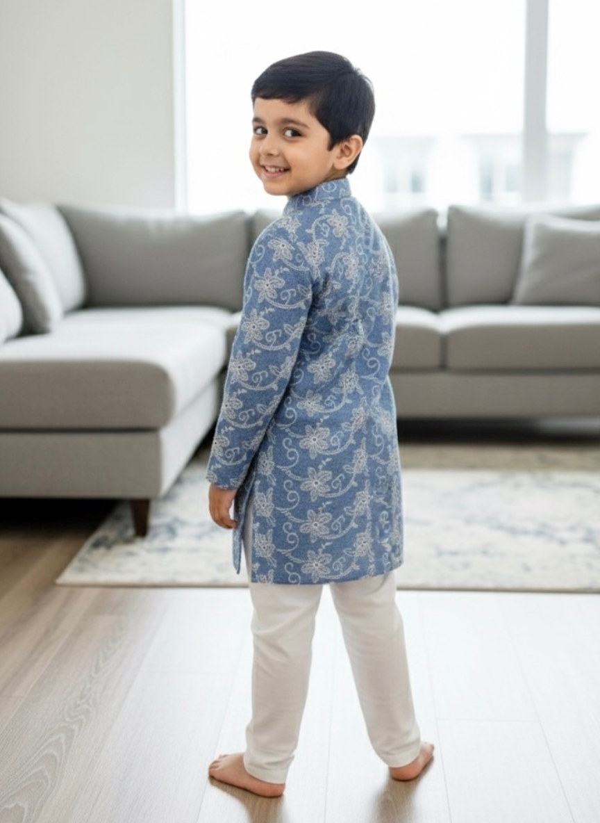 Boys Blue Embroidered Kurta Pajama Set