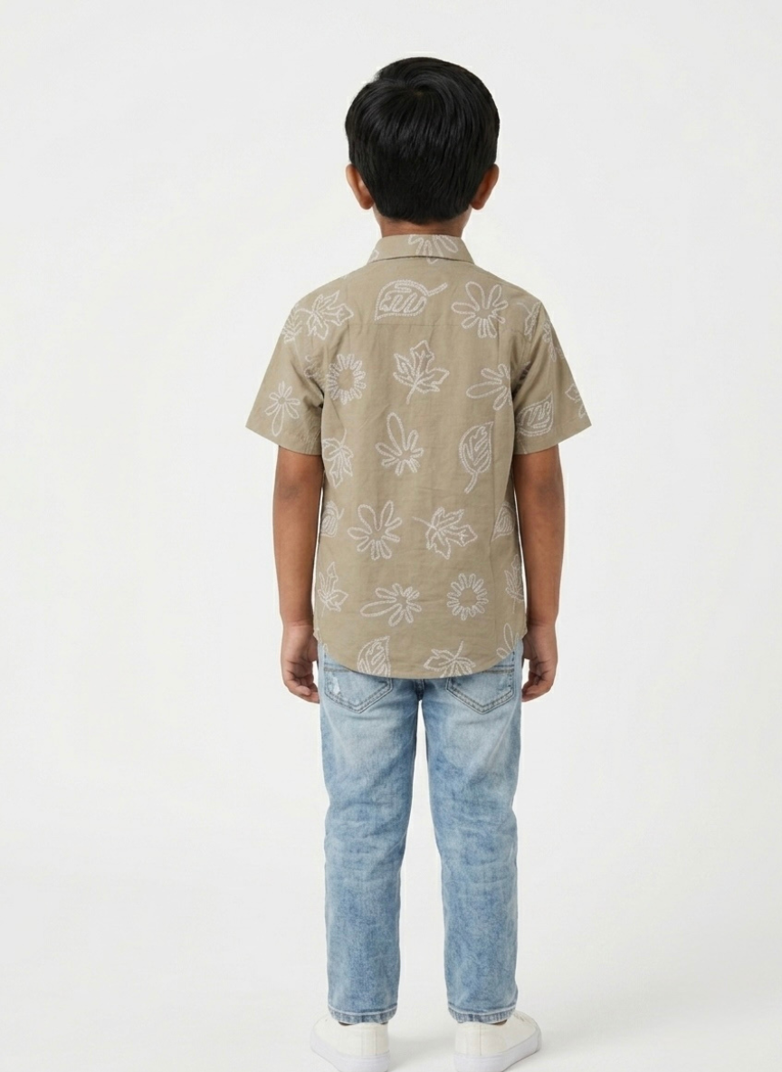 Boys Olive Green Printed Casual Shirt
