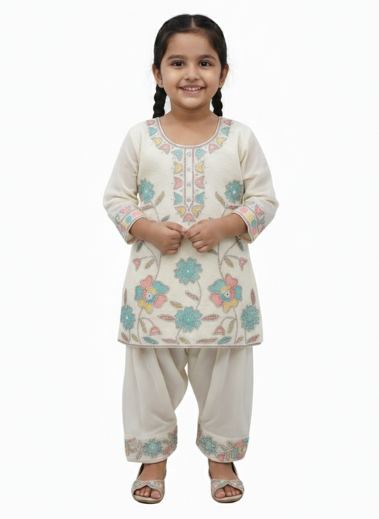 White Farshi Salwar Set (4–9 Years)