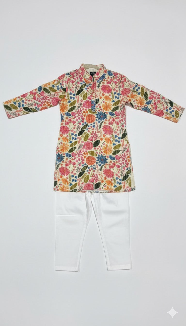 Boys Floral Print Kurta Pajama Set
