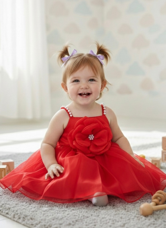 Red Floral Party Dress (0–6 Months)