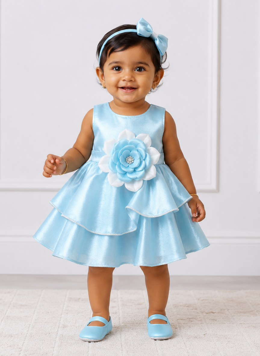 Blue Flower Party Dress with Hairband & Booties (0-6M)