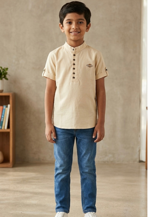 Cream Mandarin Collar T-Shirt