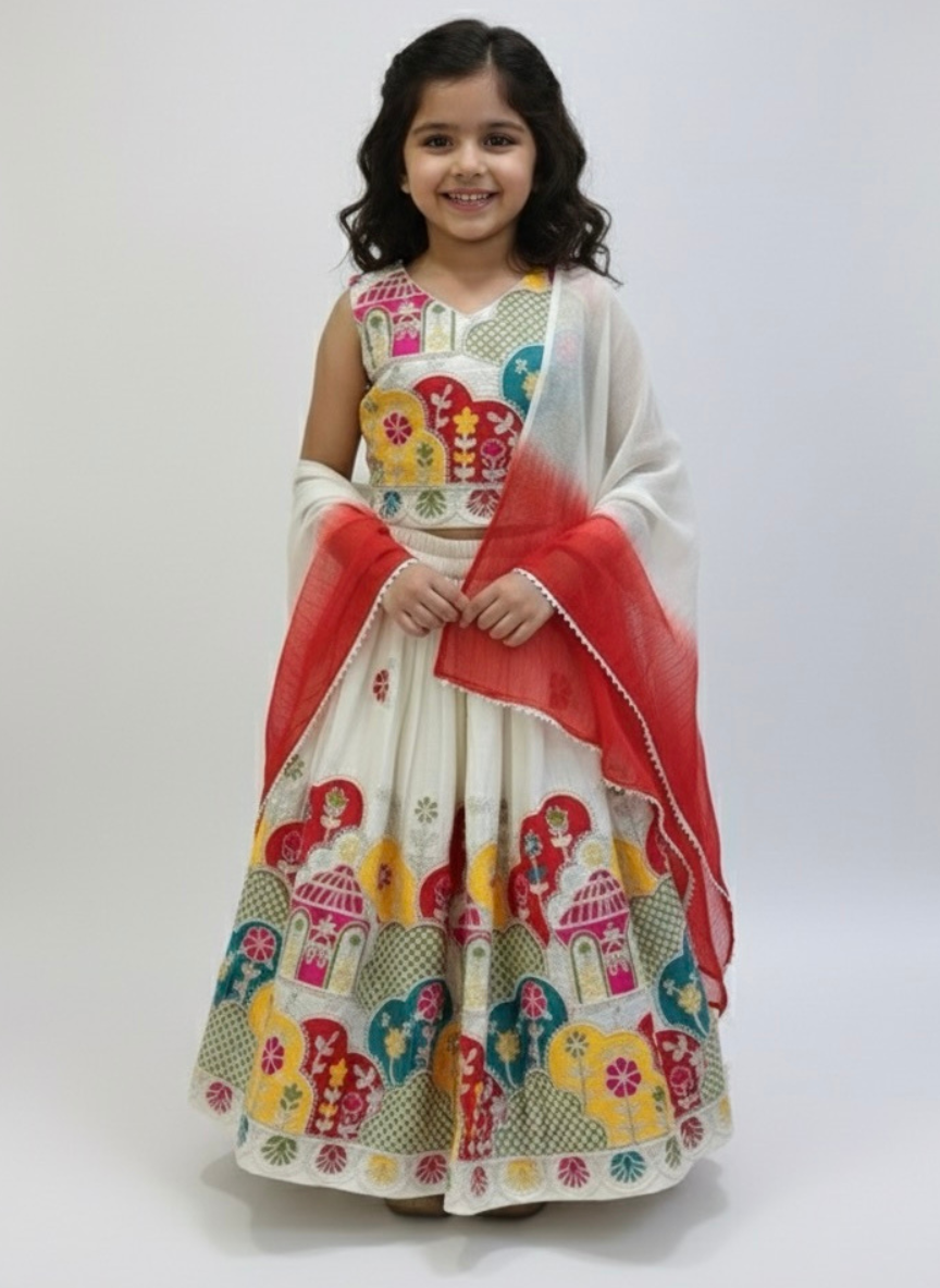 Girls White Cotton Mix Lehenga Set