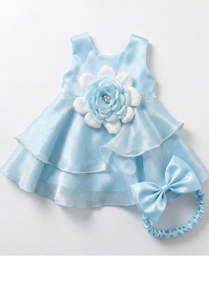 Blue Flower Party Dress with Hairband & Booties (0-6M)