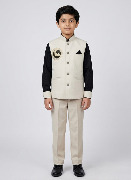 Beige Embellished Waistcoat & Trouser Set
