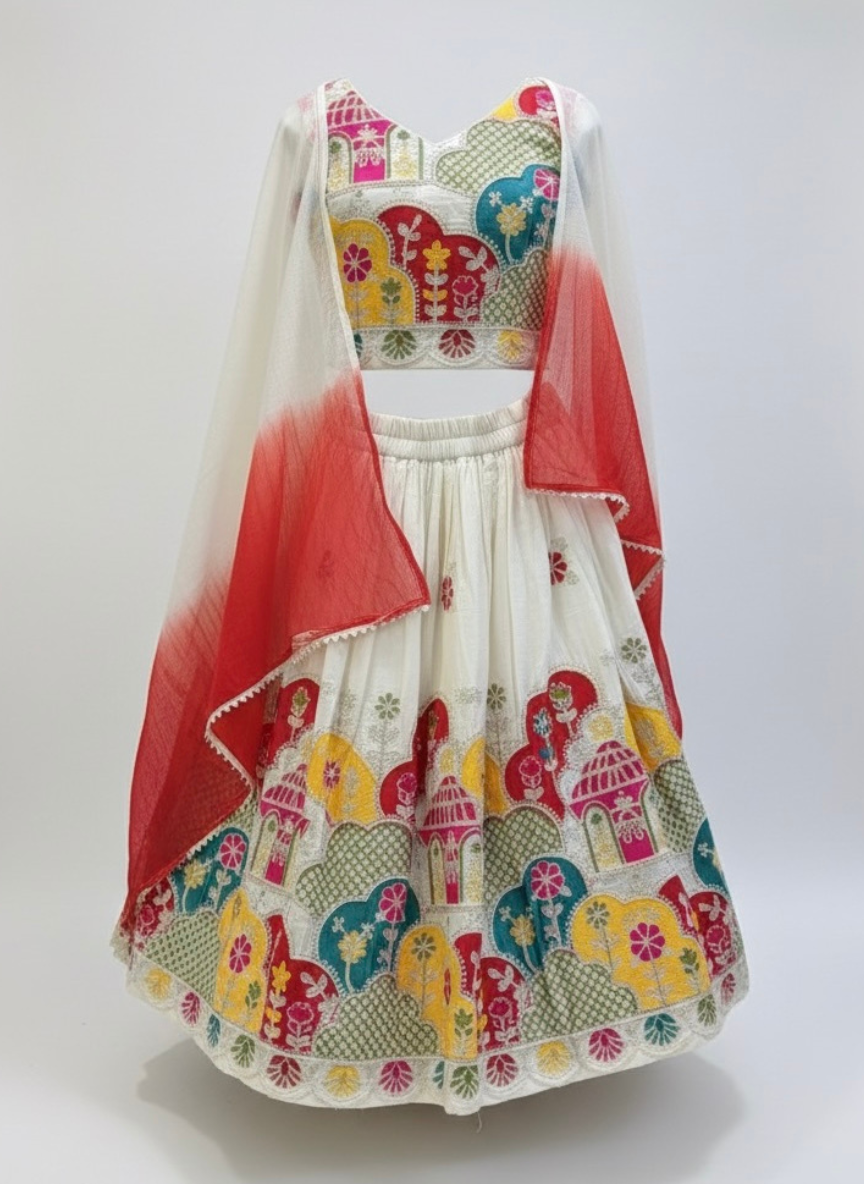 Girls White Cotton Mix Lehenga Set