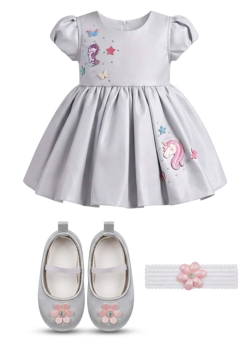 Grey Party Frock with Hairband & Shoes (0–6 Months)
