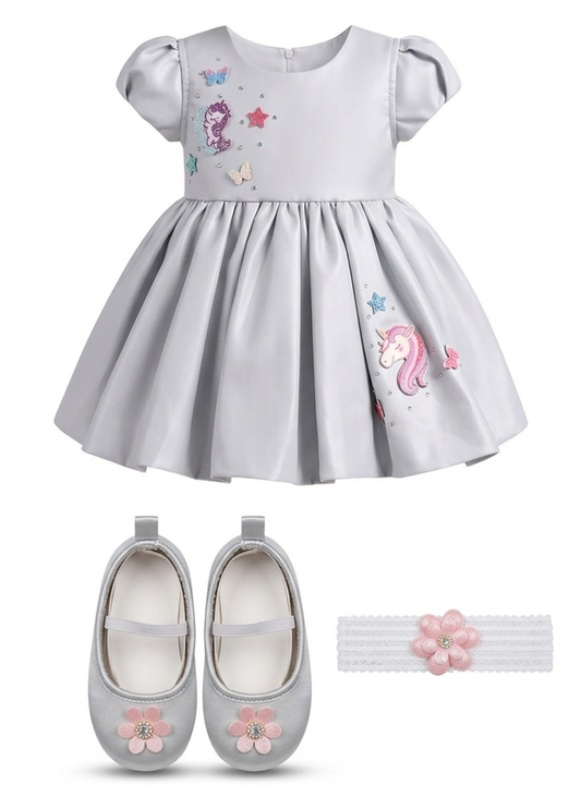 Grey Party Frock with Hairband & Shoes (0–6 Months)