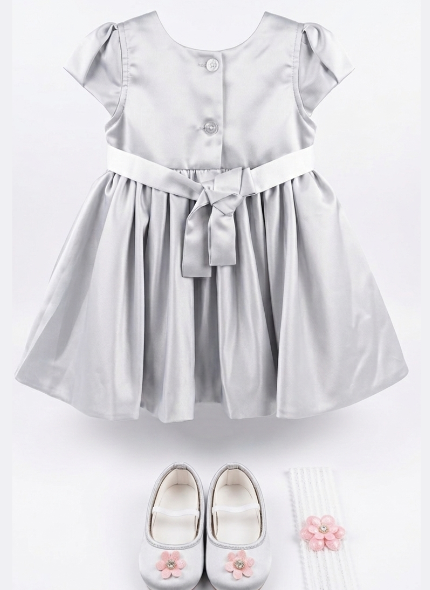 Grey Party Frock with Hairband & Shoes (0–6 Months)