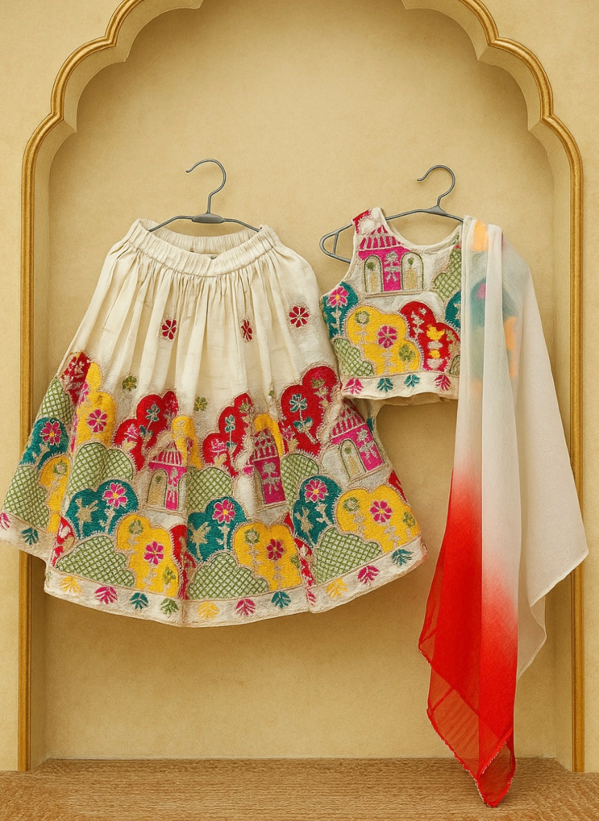 Girls White Cotton Mix Lehenga Set