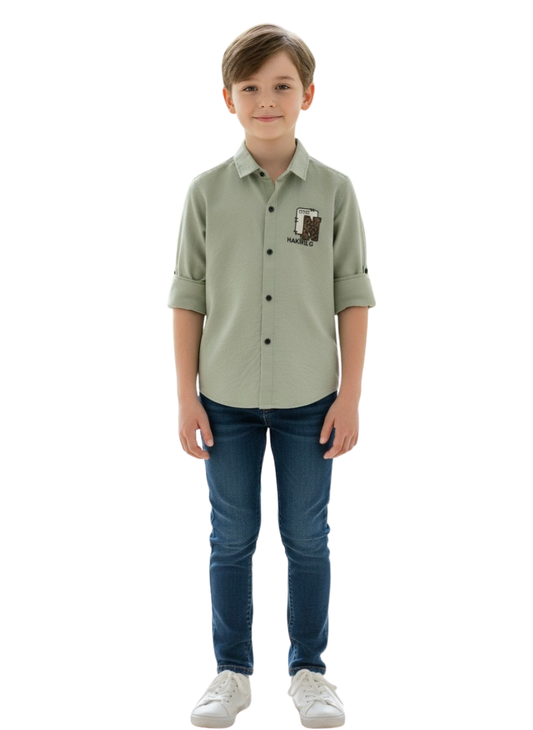 Boys Green Cotton Shirt