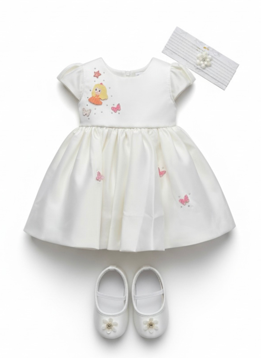 Newborn Crème Party Frock with Shoes & Hairband (0–6 Months)