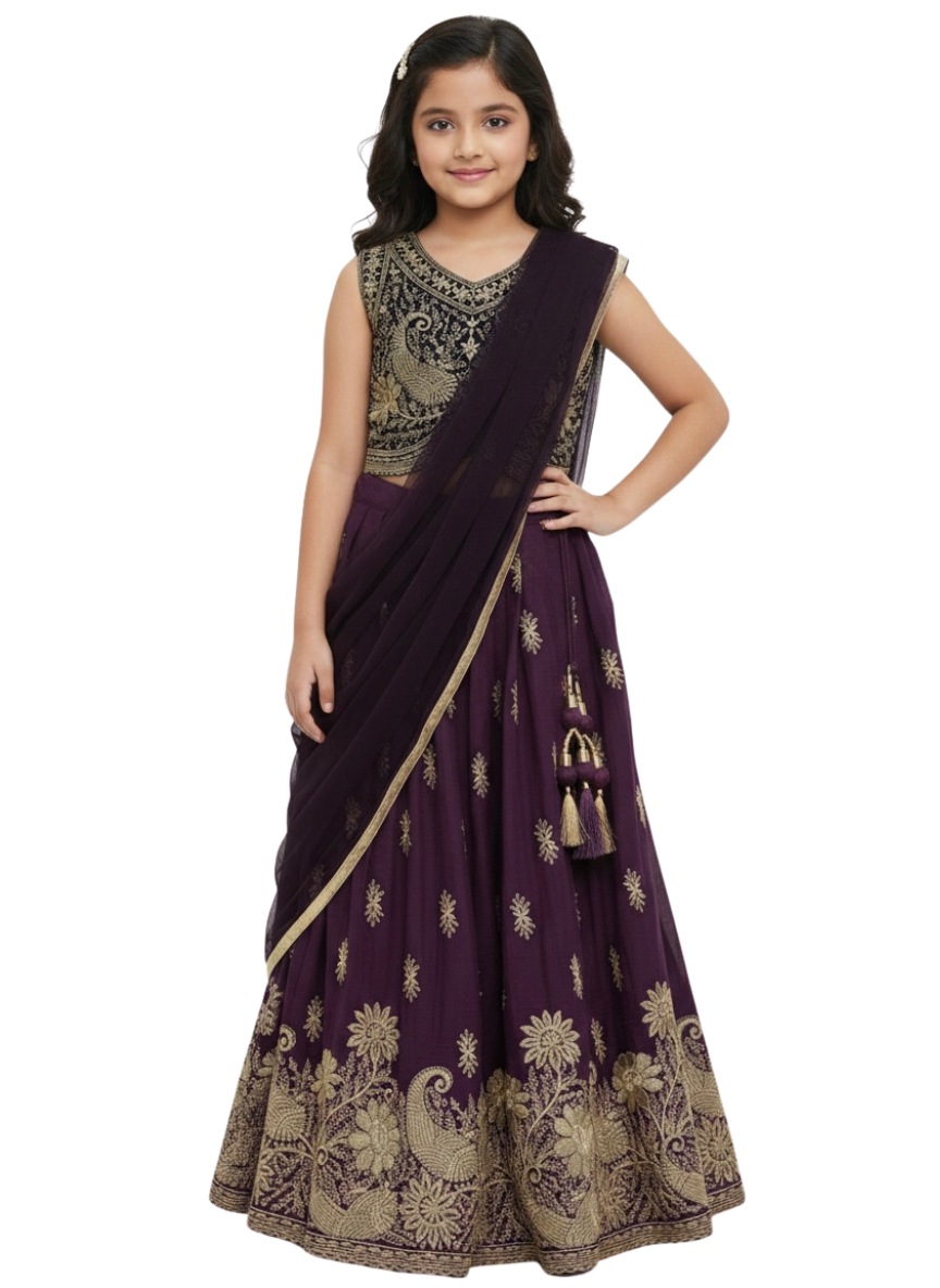 Girls Wine Ethnic Lehenga Set (5–10 Years)