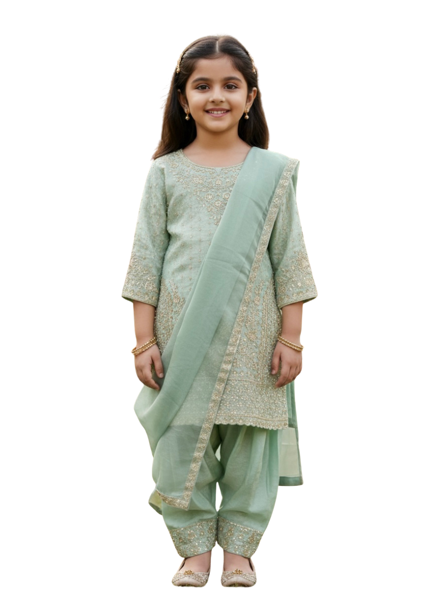 Green Farshi Salwar Set (4–9 Years)