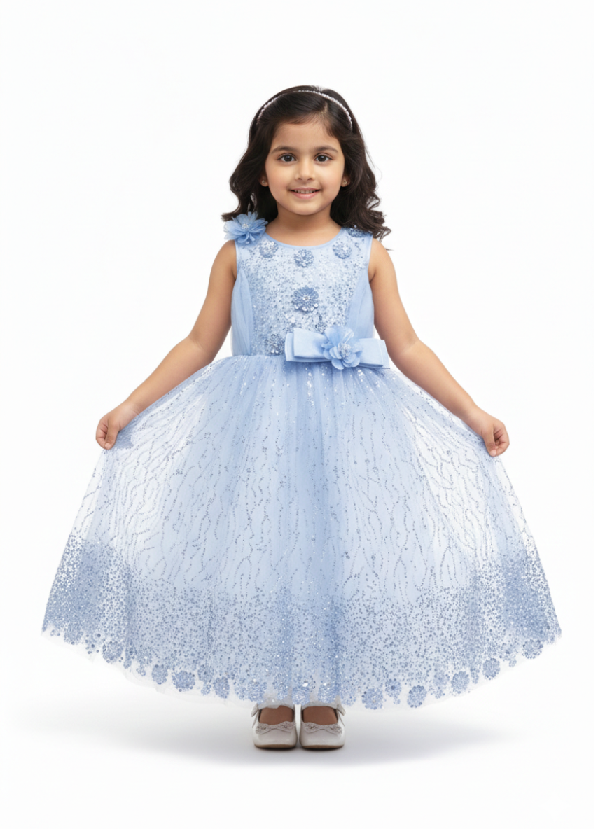 Girls Powder Blue Party Gown (5–8 Years)