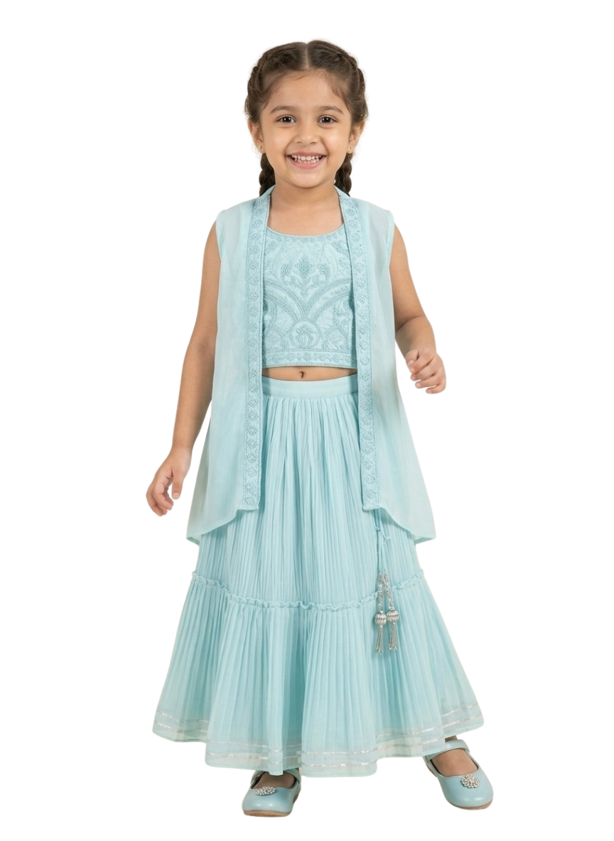 Blue 3-Piece Lehenga Set with Shrug (5–10 Years)
