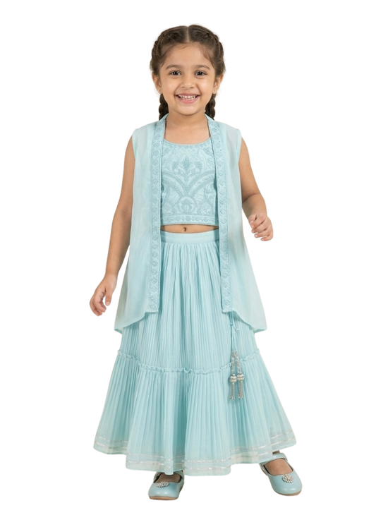 Blue 3-Piece Lehenga Set with Shrug (5–10 Years)
