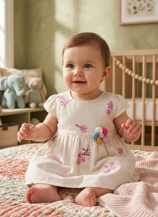 Cream Pink Floral Casual Dress