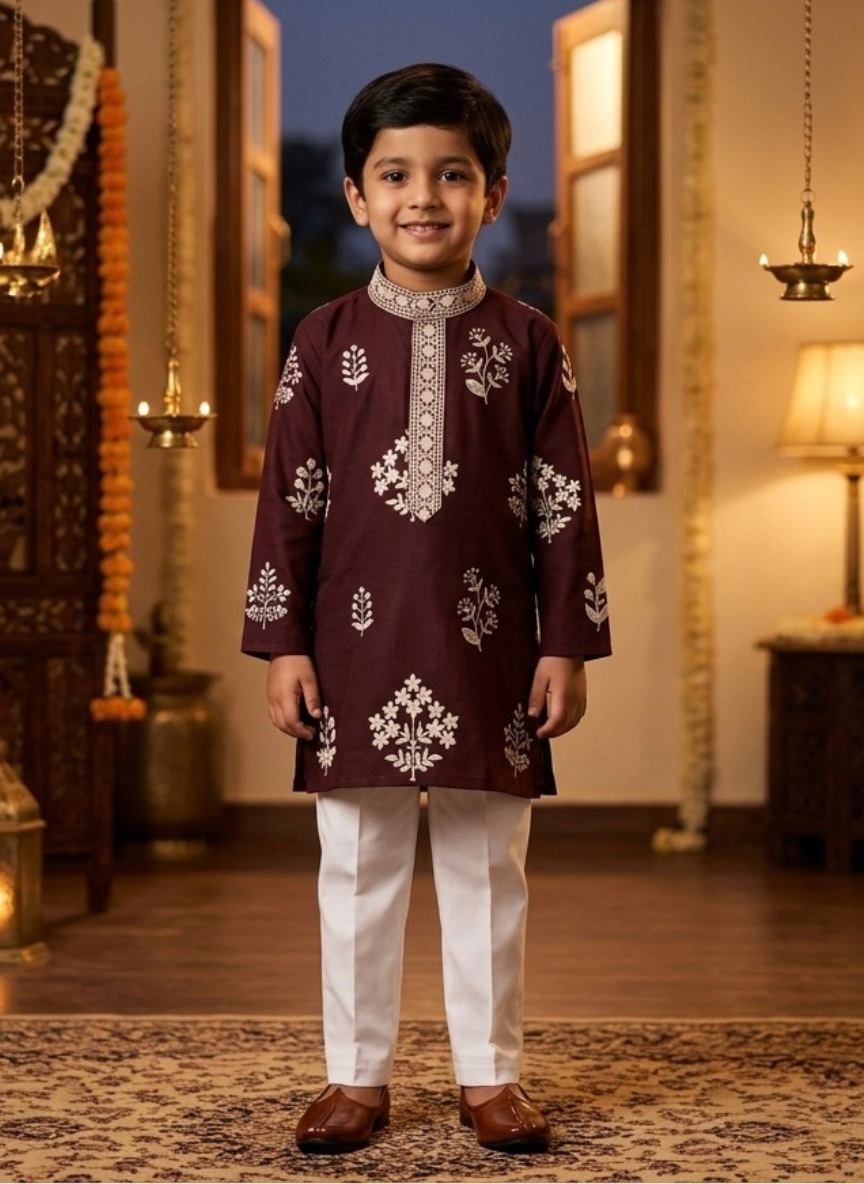 Wine Cotton Kurta Set