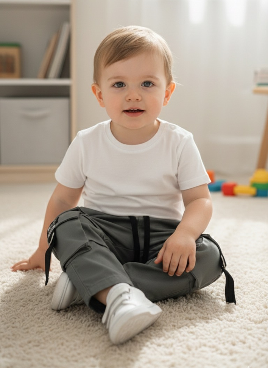 Boys Greenish Grey Cotton Cargo Pants