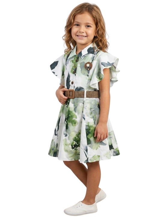 Green Floral Belt Dress (1-4 Years)