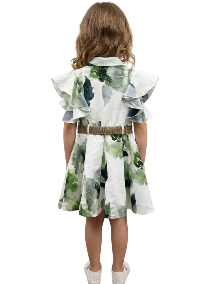 Green Floral Belt Dress (1-4 Years)