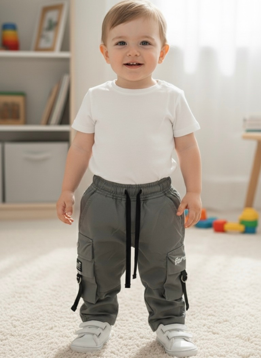 Boys Greenish Grey Cotton Cargo Pants