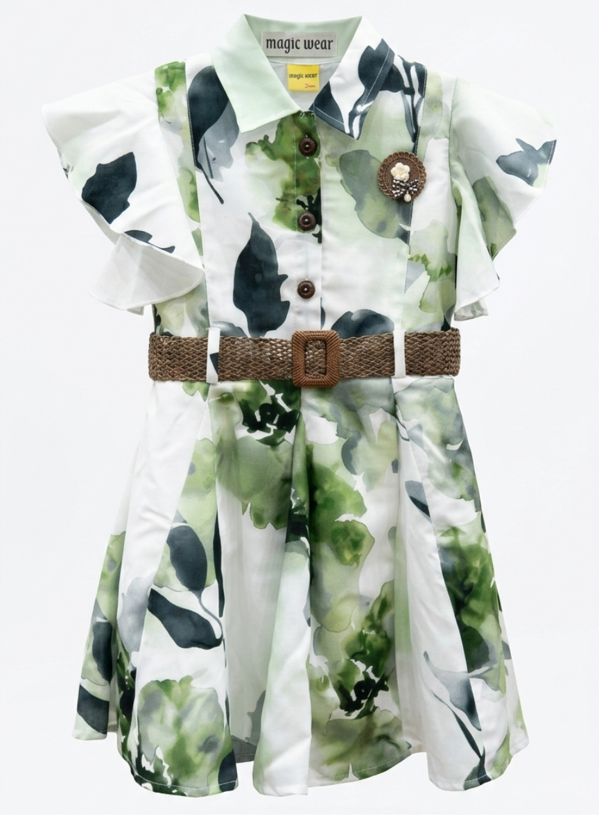 Green Floral Belt Dress (1-4 Years)