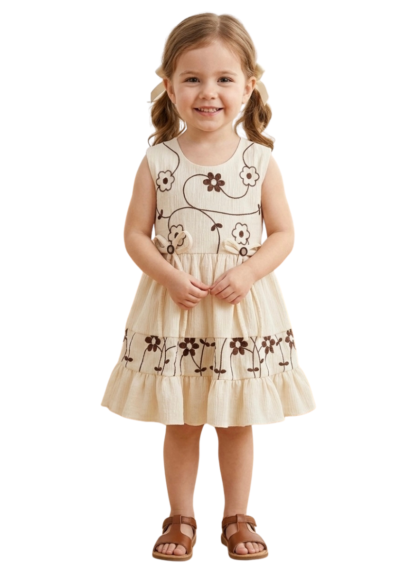 Girls Beige Ribbed Frock