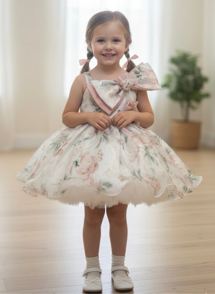 White & Green Frill Party Dress (1–7 Years)