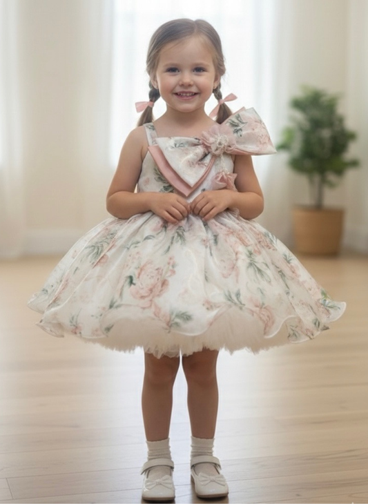 White & Green Frill Party Dress (1–7 Years)
