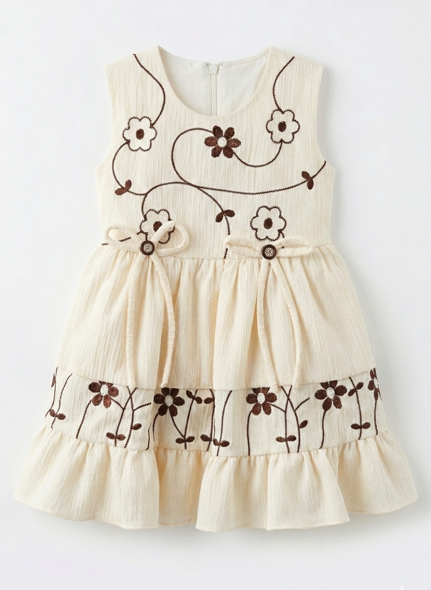 Girls Beige Ribbed Frock