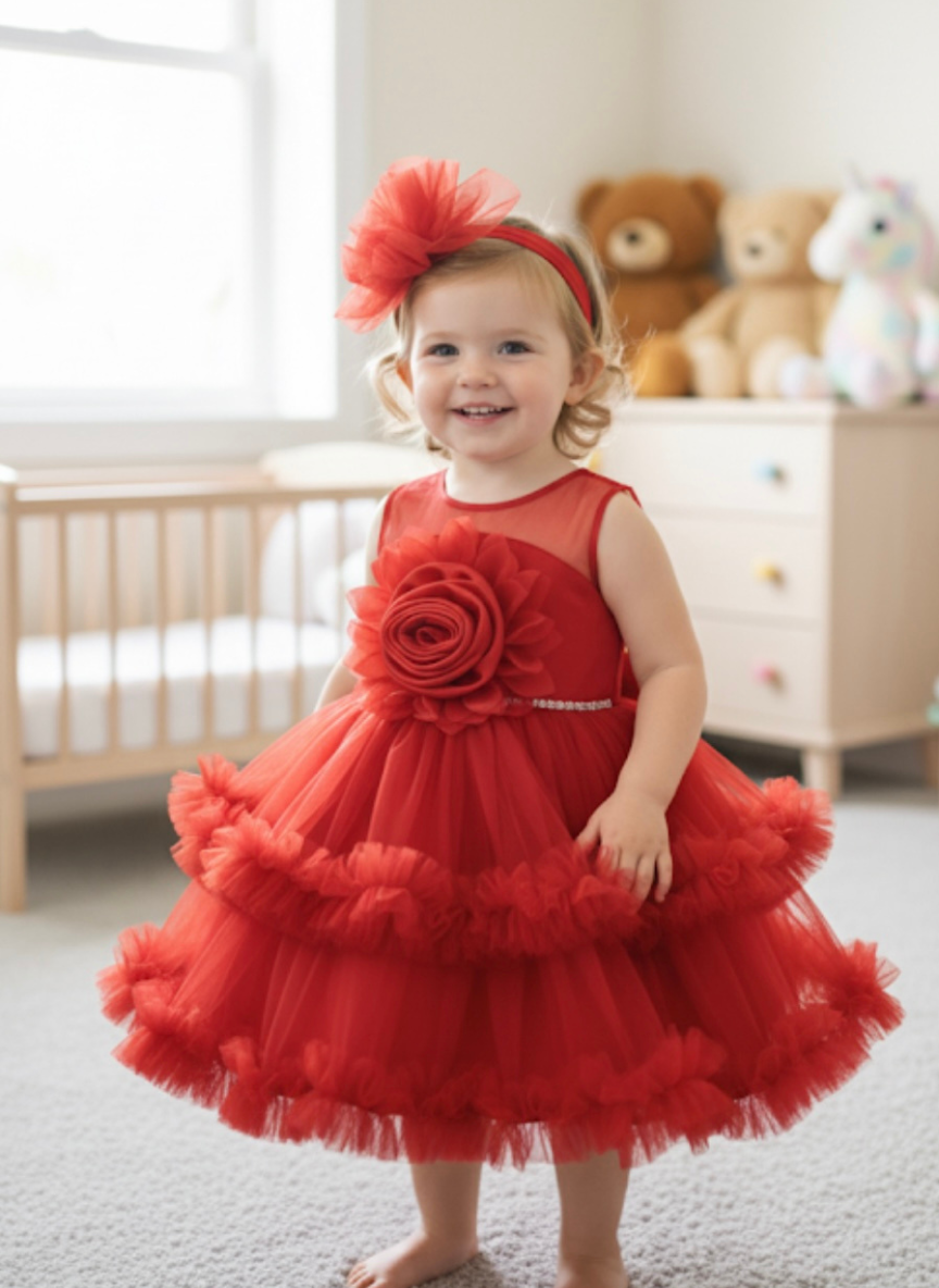 Red Frill Party Dress with Hairband