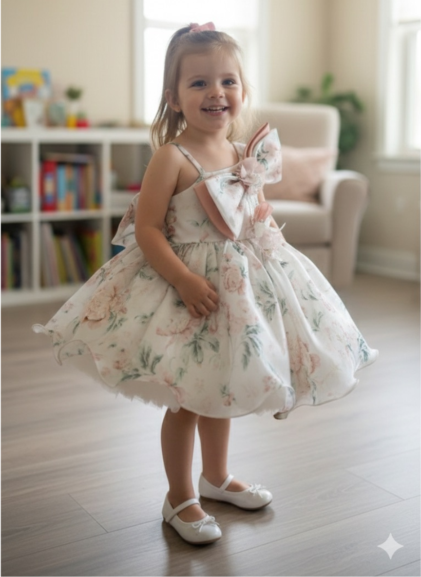 White & Green Frill Party Dress (1–7 Years)