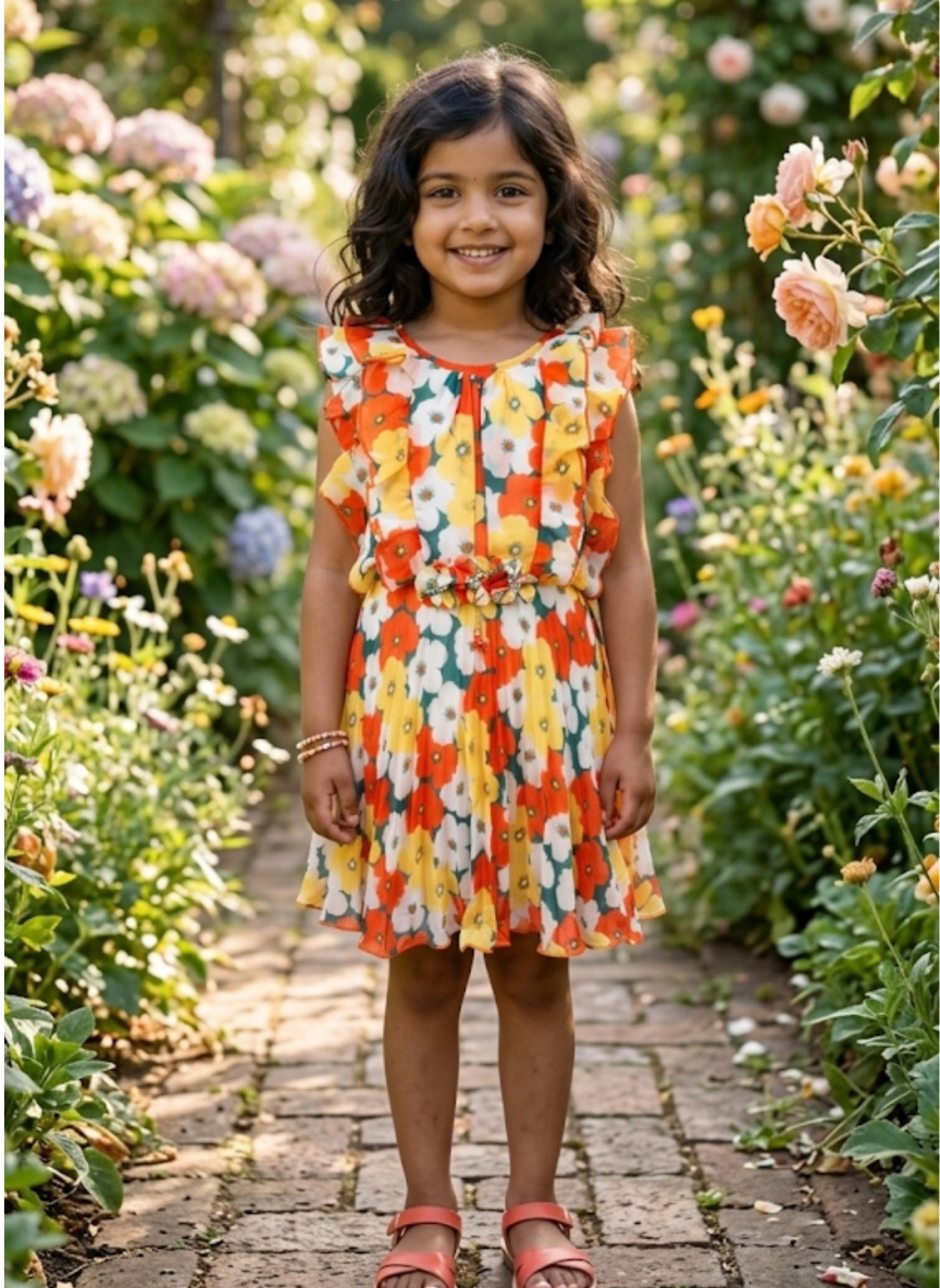 Orange Floral Casual Dress
