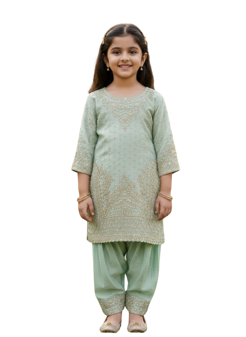 Green Farshi Salwar Set (4–9 Years)