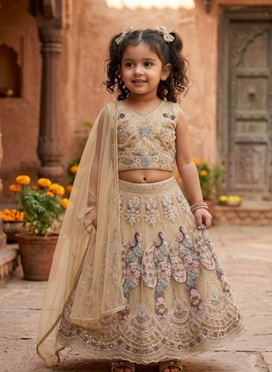 Peacock Net Lehenga Set (5–9 Years)