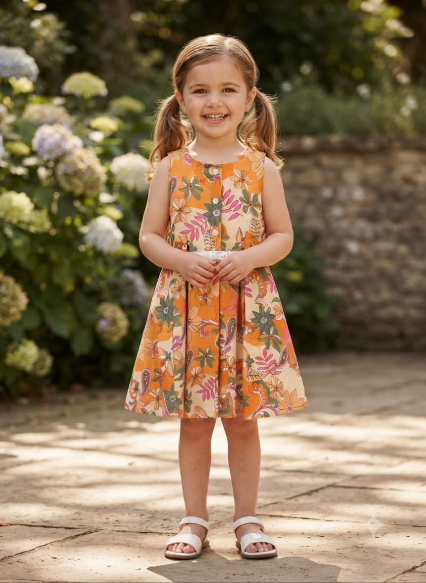 Orange Floral Cotton Dress for Girls