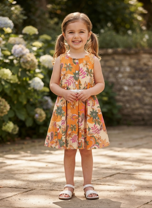 Orange Floral Cotton Dress for Girls