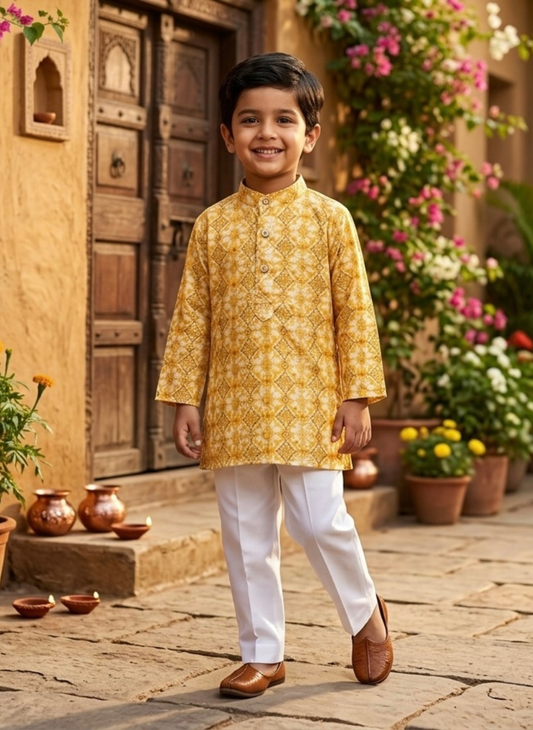 Yellow Printed Cotton Kurta Set