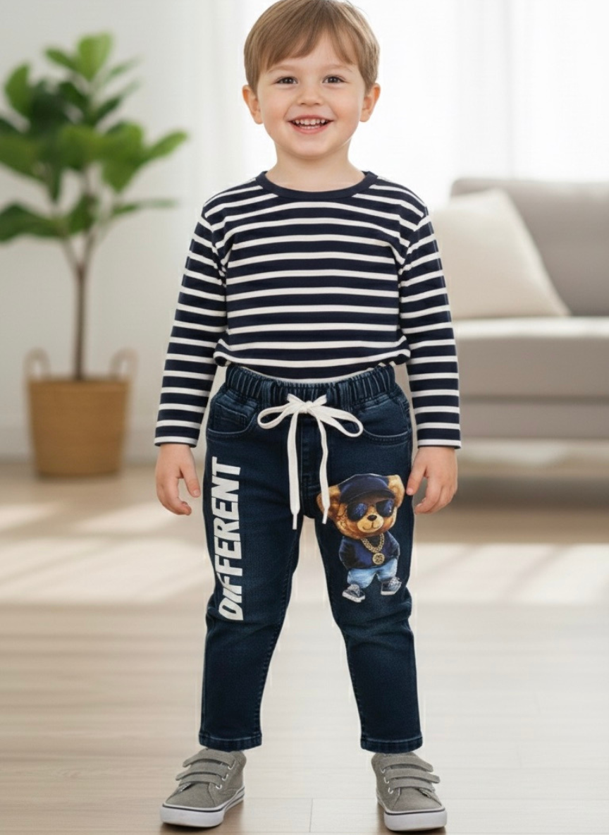 Boys Dark Blue Bear Graphic Denim Jeans
