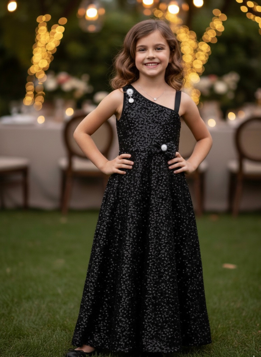 Black Velvet Sequin Gown with Sling Bag