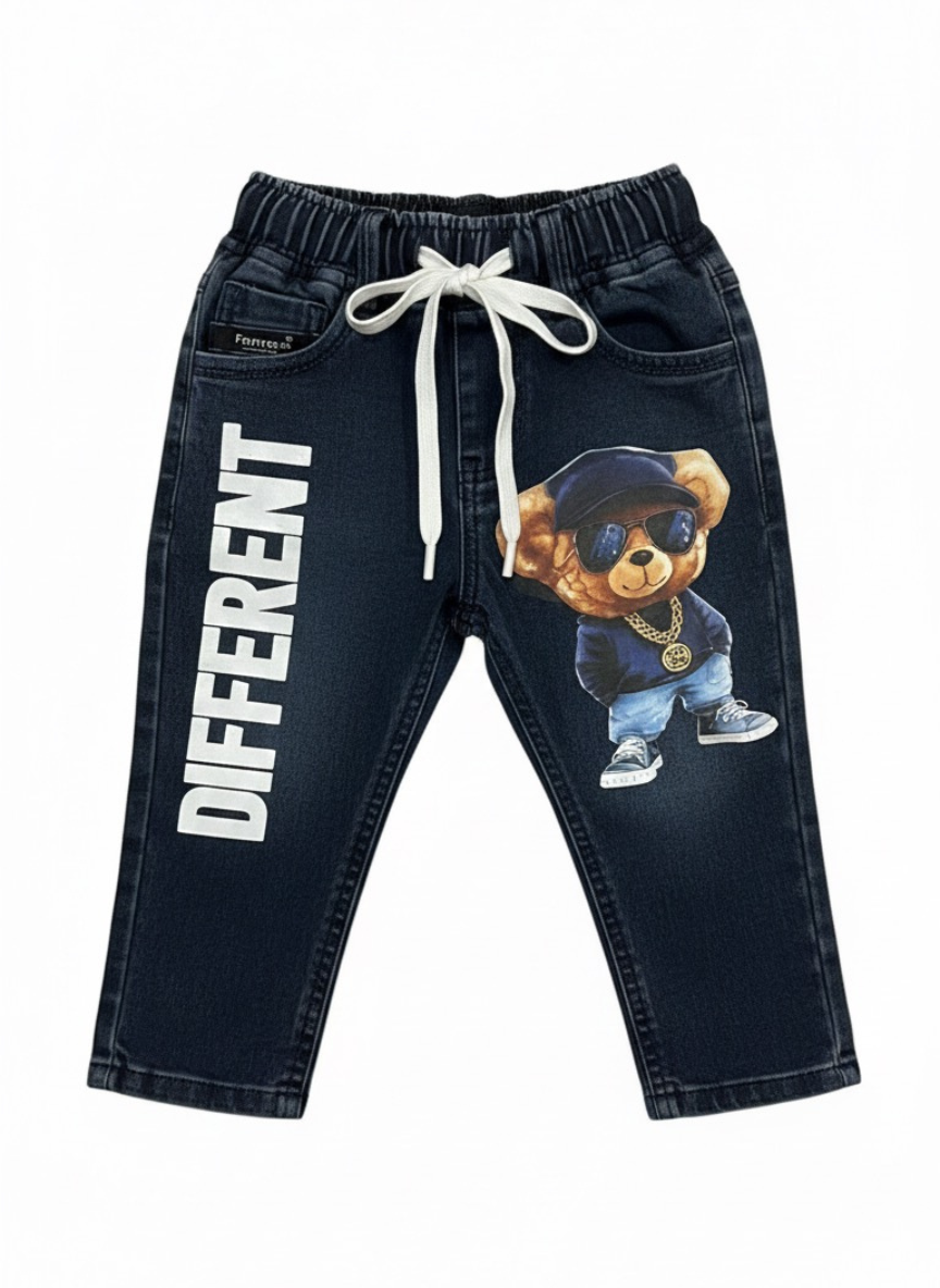 Boys Dark Blue Bear Graphic Denim Jeans