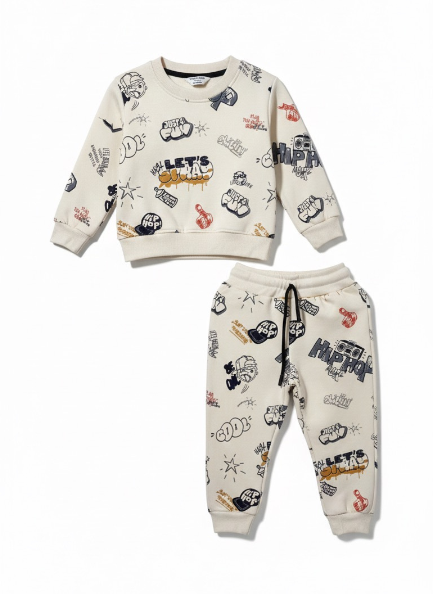 Boys Beige Printed Fleece Co-Ord Set